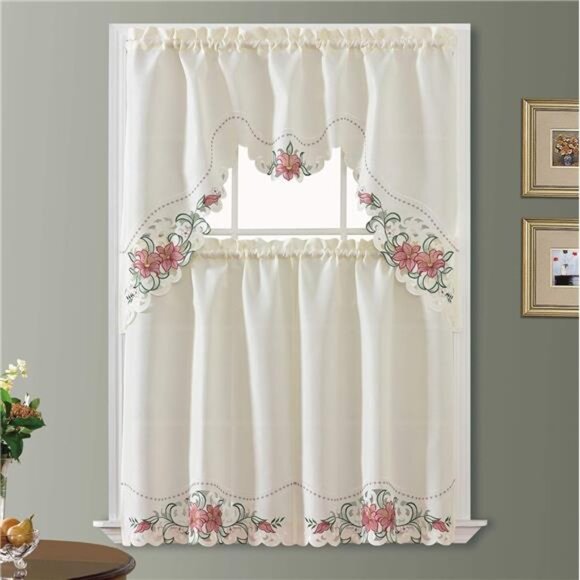 Lily Fragrance. 3pcs Multi-Color Embroidery Kitchen Cafe Curtain Set Swag - Picture 2 of 6